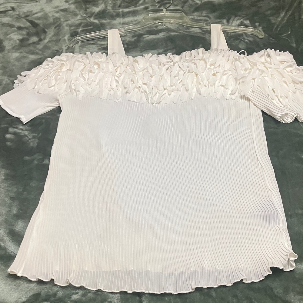 Ashley Stewart White Off-Shoulder Ruffle Pleated Top